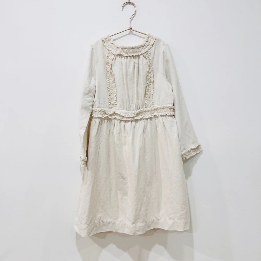Bonpoint little girls cotton and wool cottagecore Cream Long Sleeve Dress NEW